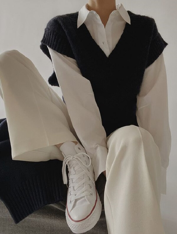 Áo gile phối cùng áo sơ mi và quần ống rộng, chuẩn công thức phối đồ theo phong cách Hàn Quốc